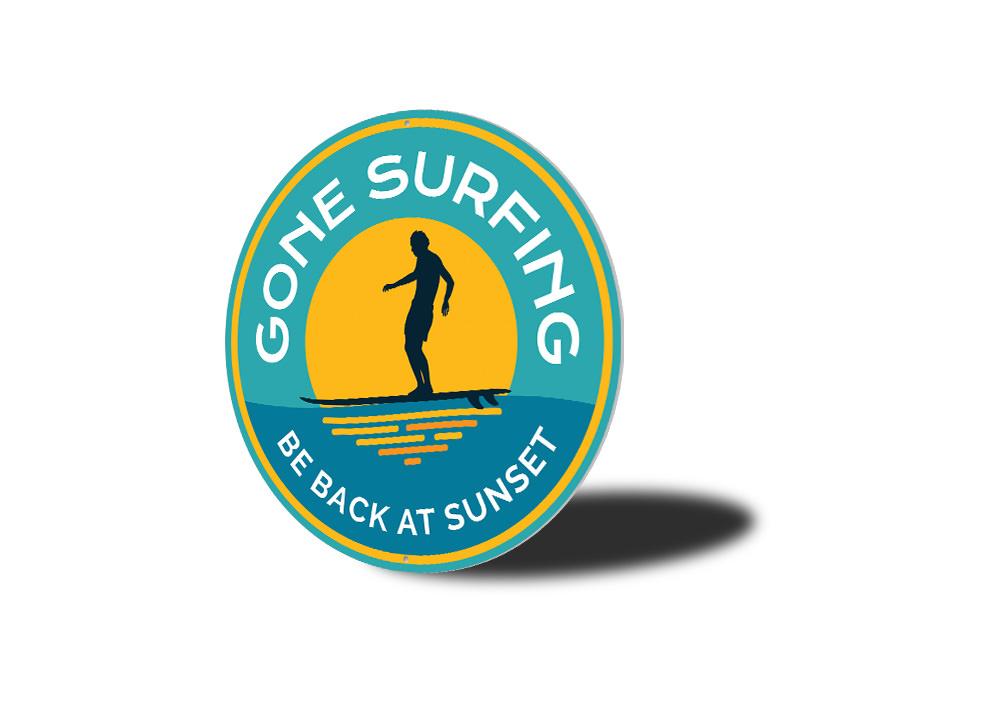 Gone Surfing Sunset Sign featuring vibrant colors and beach-themed design, perfect for coastal decor.