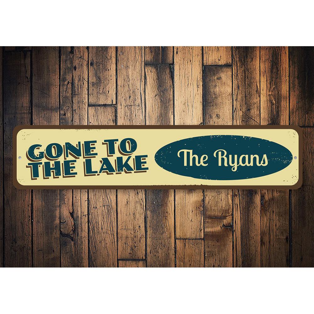 Gone to the Lake Sign made of high-quality aluminum, featuring customizable text, perfect for lakehouse decor.