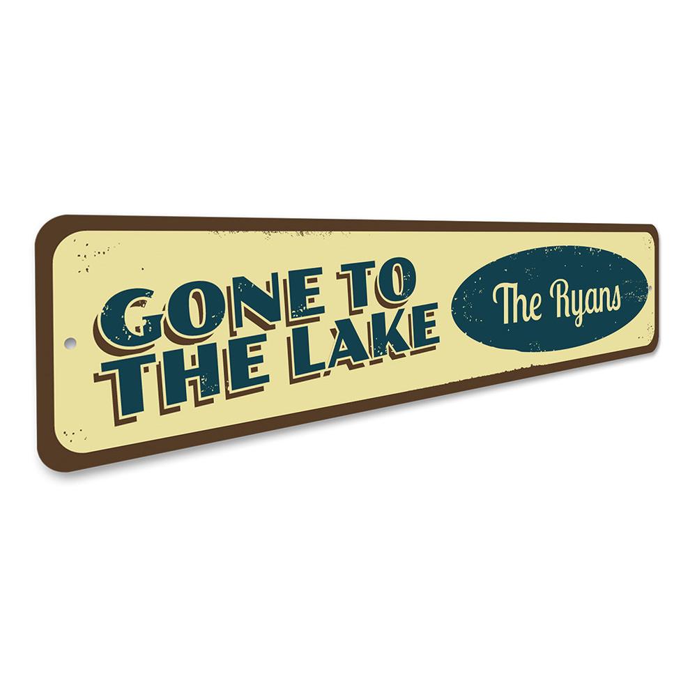 Gone to the Lake Sign made of high-quality aluminum, featuring customizable text, perfect for lakehouse decor.