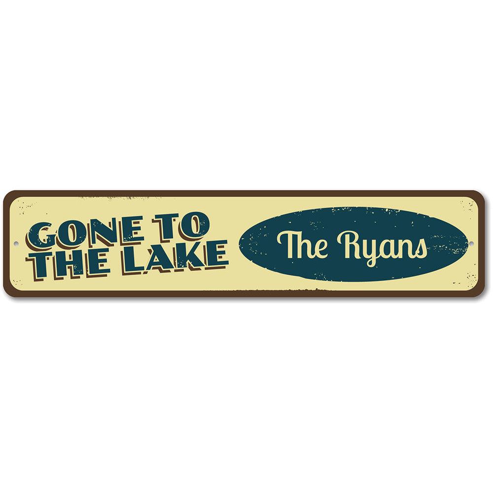 Gone to the Lake Sign made of high-quality aluminum, featuring customizable text, perfect for lakehouse decor.