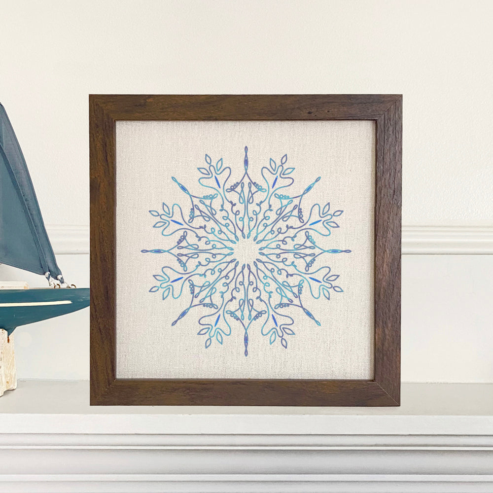 Gradient Snowflake Framed Sign with a wood frame, eco-friendly ink printing on a linen-look background.