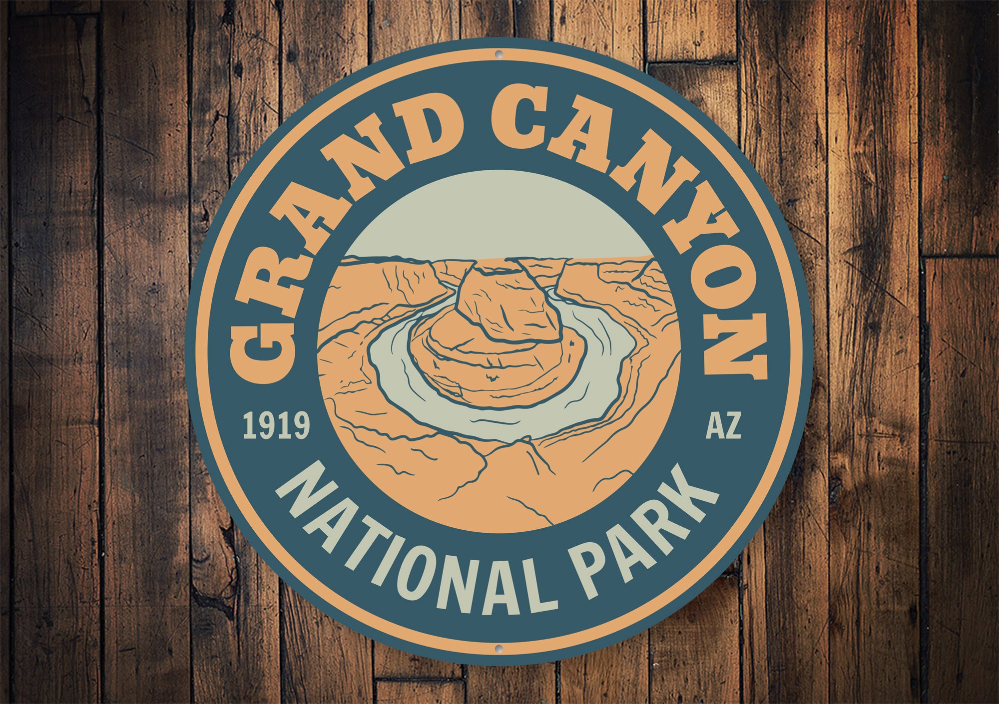 Grand Canyon Arizona decorative sign made of high-quality aluminum, featuring vibrant colors and a scenic design, perfect for home decor.