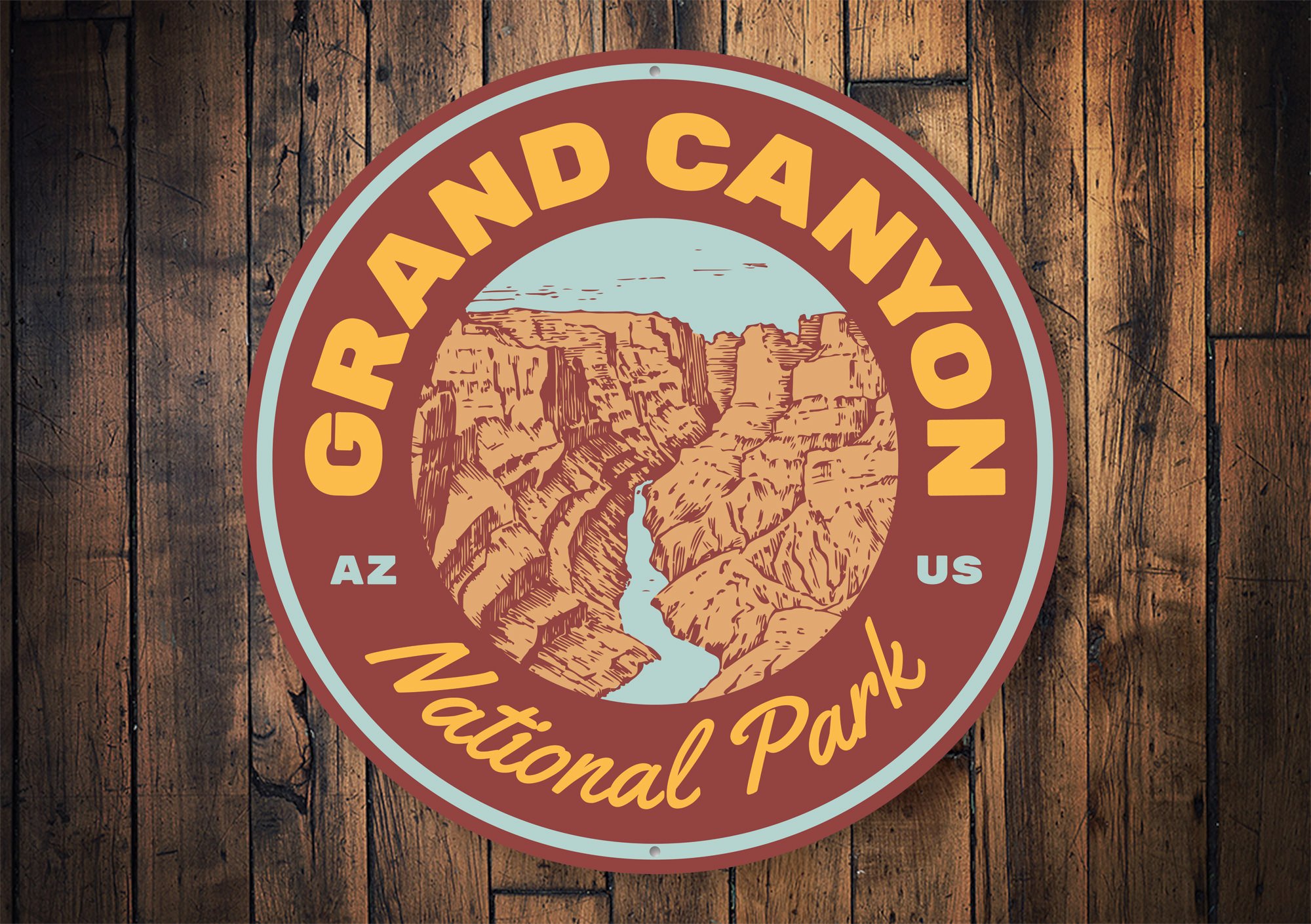 A beautifully crafted Grand Canyon Sign made of high-quality aluminum, featuring customizable text and pre-drilled holes for easy mounting.