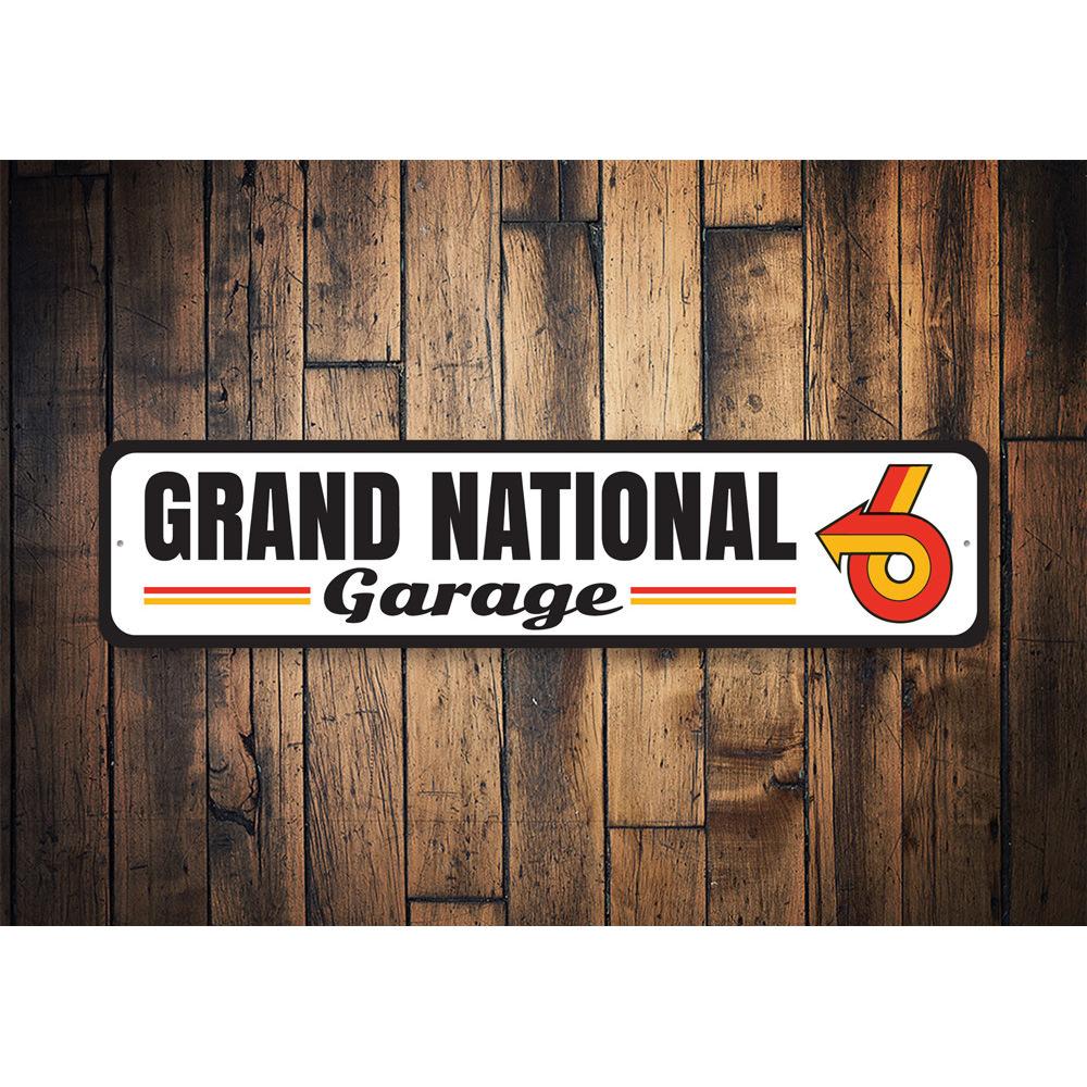 Grand National Garage Sign made of durable aluminum, featuring customizable text and pre-drilled holes for easy mounting.