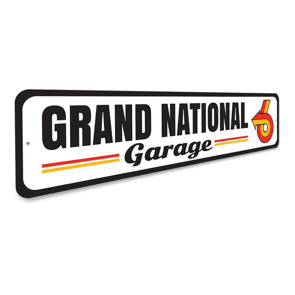 Grand National Garage Sign made of durable aluminum, featuring customizable text and pre-drilled holes for easy mounting.