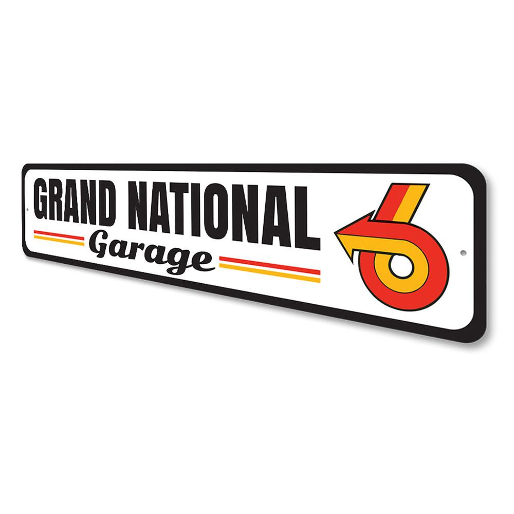 Grand National Garage Sign made of durable aluminum, featuring customizable text and pre-drilled holes for easy mounting.