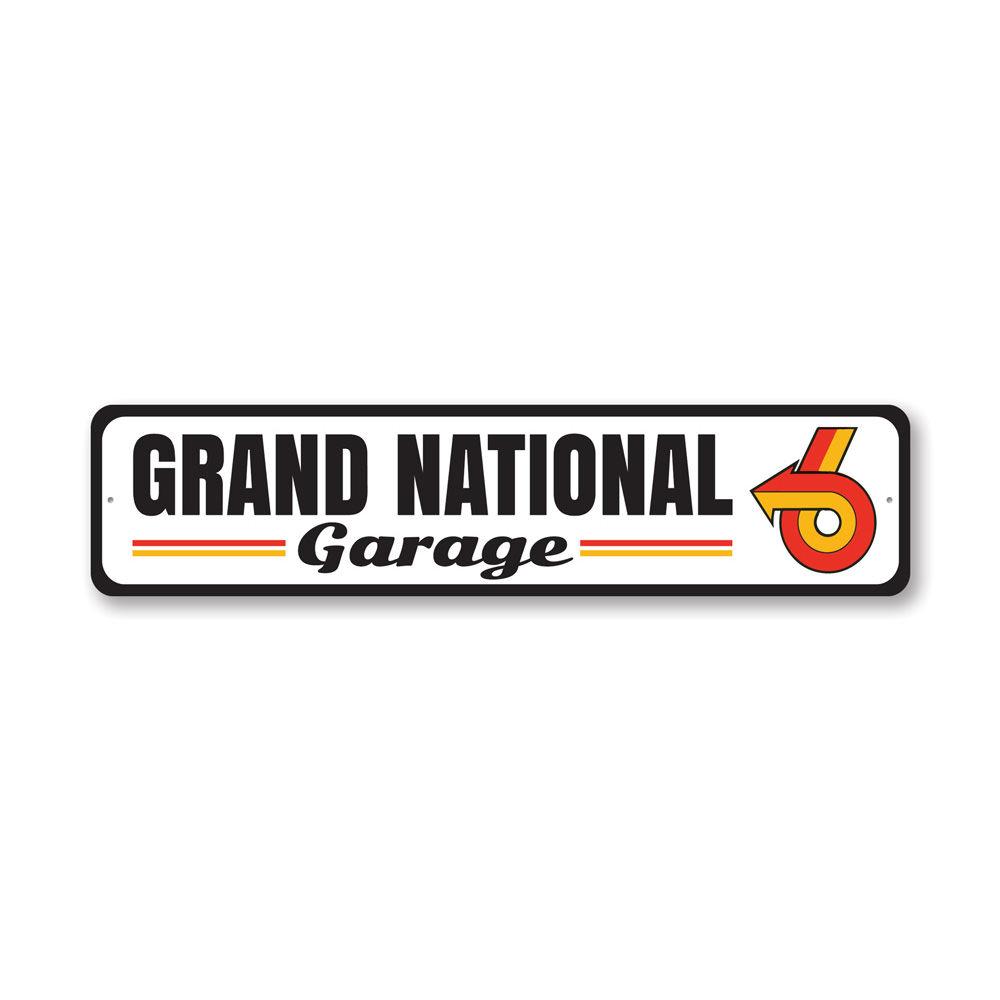 Grand National Garage Sign made of durable aluminum, featuring customizable text and pre-drilled holes for easy mounting.