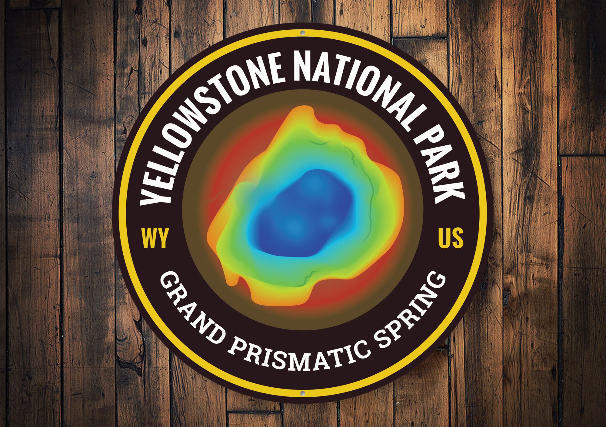 Grand Prismatic Spring Sign made of high-quality aluminum, featuring vibrant colors and customizable text options, perfect for home decor.