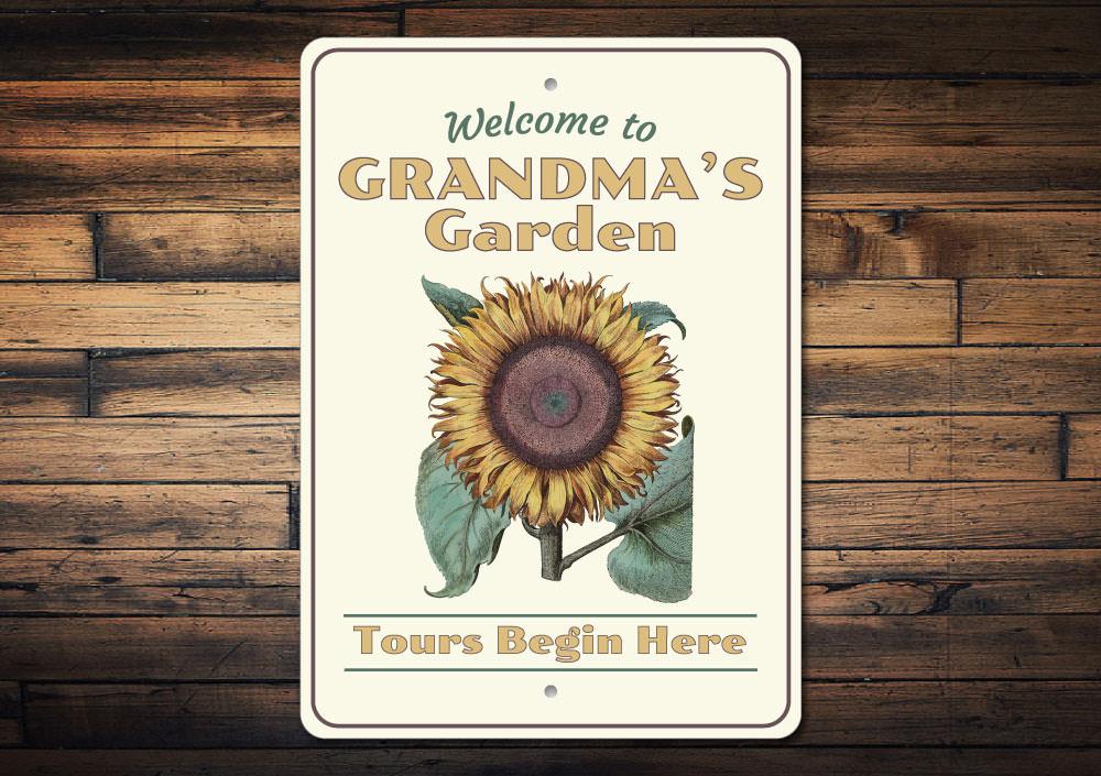 A beautifully crafted Grandma's Garden Sign made of aluminum, featuring personalized text and vibrant colors, perfect for outdoor decoration.