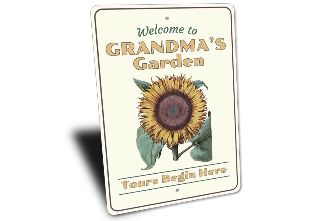 A beautifully crafted Grandma's Garden Sign made of aluminum, featuring personalized text and vibrant colors, perfect for outdoor decoration.