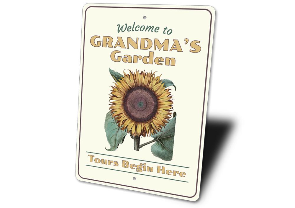 A beautifully crafted Grandma's Garden Sign made of aluminum, featuring personalized text and vibrant colors, perfect for outdoor decoration.