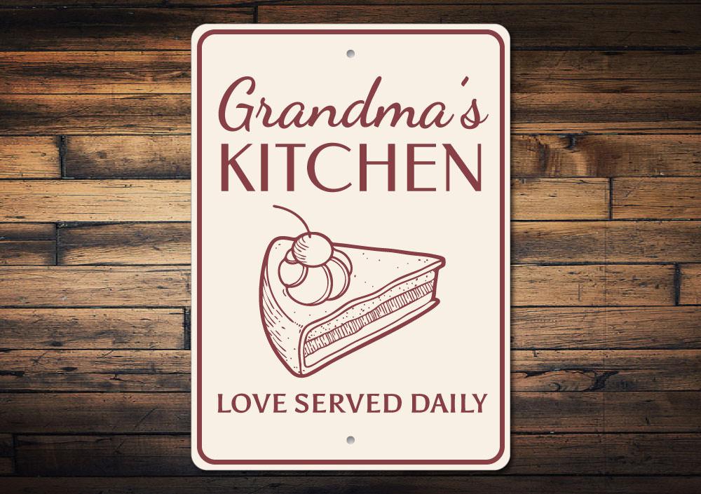 A decorative Grandma's Kitchen Sign made of high-quality aluminum, featuring customizable text and pre-drilled holes for easy mounting.