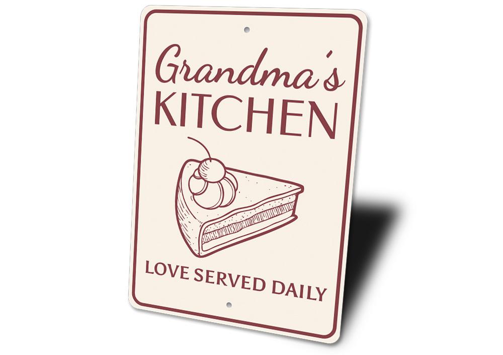 A decorative Grandma's Kitchen Sign made of high-quality aluminum, featuring customizable text and pre-drilled holes for easy mounting.