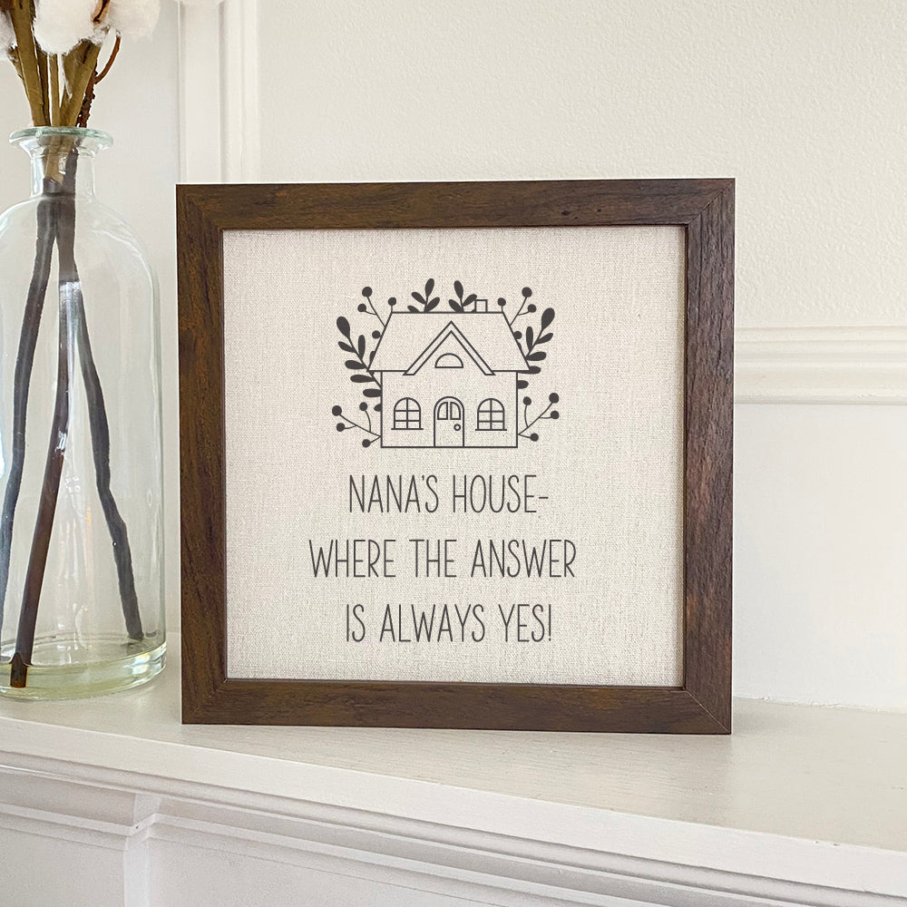 Framed sign reading 'Grandma's / Nana's Answer is Yes' with a stylish wood frame and linen-look background.