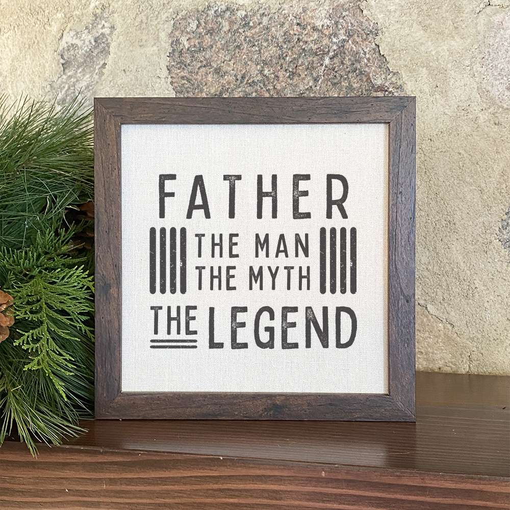 Framed sign featuring 'Grandpa / Father The Legend' with a stylish wood frame and linen-look background.