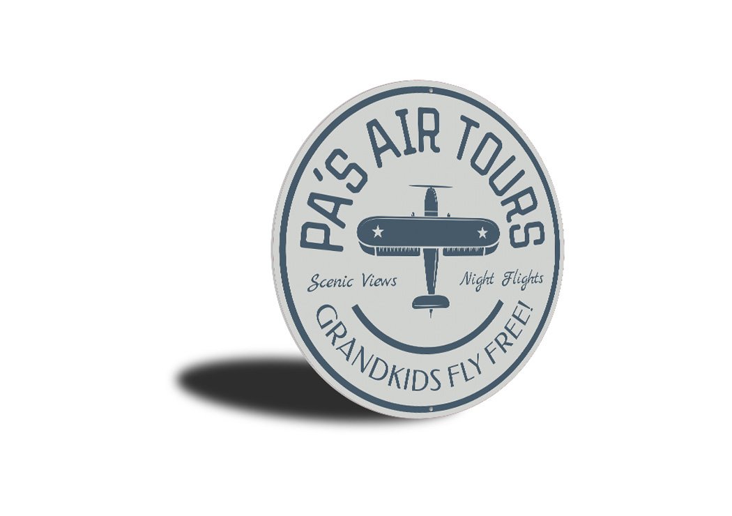 Grandpa's Air Tours Flight Sign made of high-quality aluminum, featuring customizable text and pre-drilled holes for easy mounting.