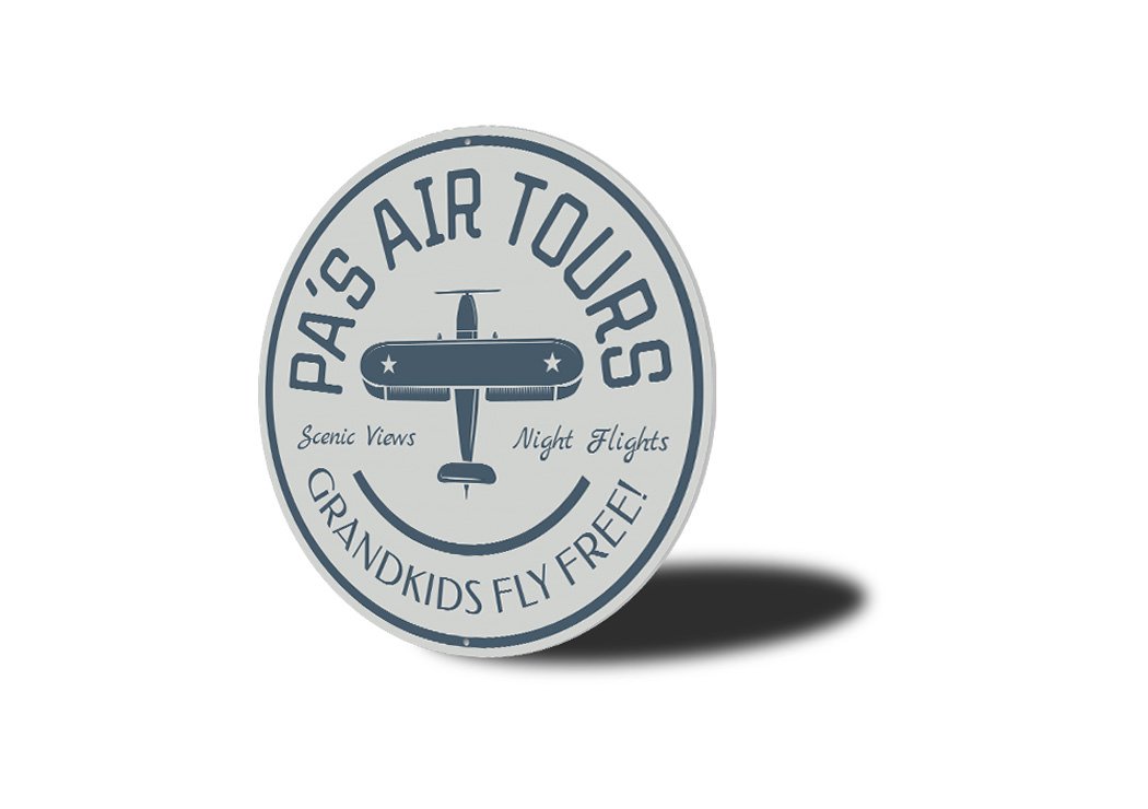 Grandpa's Air Tours Flight Sign made of high-quality aluminum, featuring customizable text and pre-drilled holes for easy mounting.