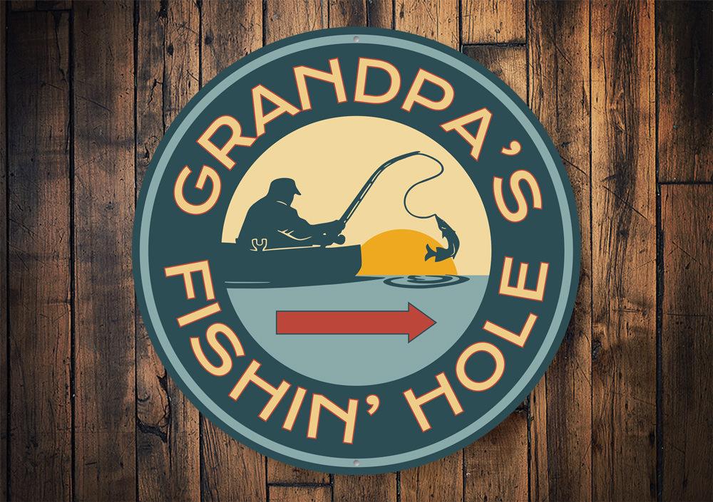 Grandpas Fishing Hole Sign made of high-quality aluminum, featuring customizable text and pre-drilled holes for easy mounting, perfect for lakehouse decor.