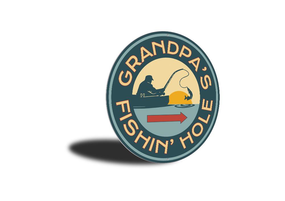 Grandpas Fishing Hole Sign made of high-quality aluminum, featuring customizable text and pre-drilled holes for easy mounting, perfect for lakehouse decor.