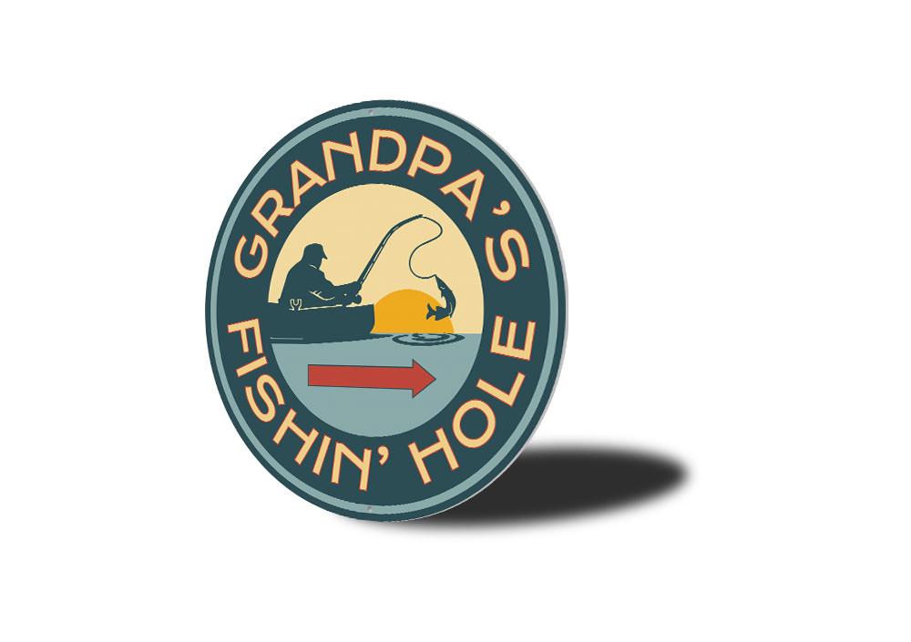 Grandpas Fishing Hole Sign made of high-quality aluminum, featuring customizable text and pre-drilled holes for easy mounting, perfect for lakehouse decor.