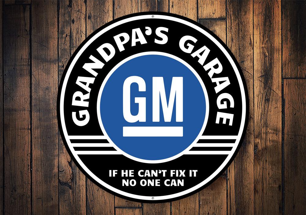 Grandpa's Garage GM Car Sign featuring various car brands like Chevy and Pontiac, made from high-quality aluminum.