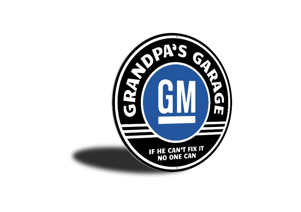 Grandpa's Garage GM Car Sign featuring various car brands like Chevy and Pontiac, made from high-quality aluminum.