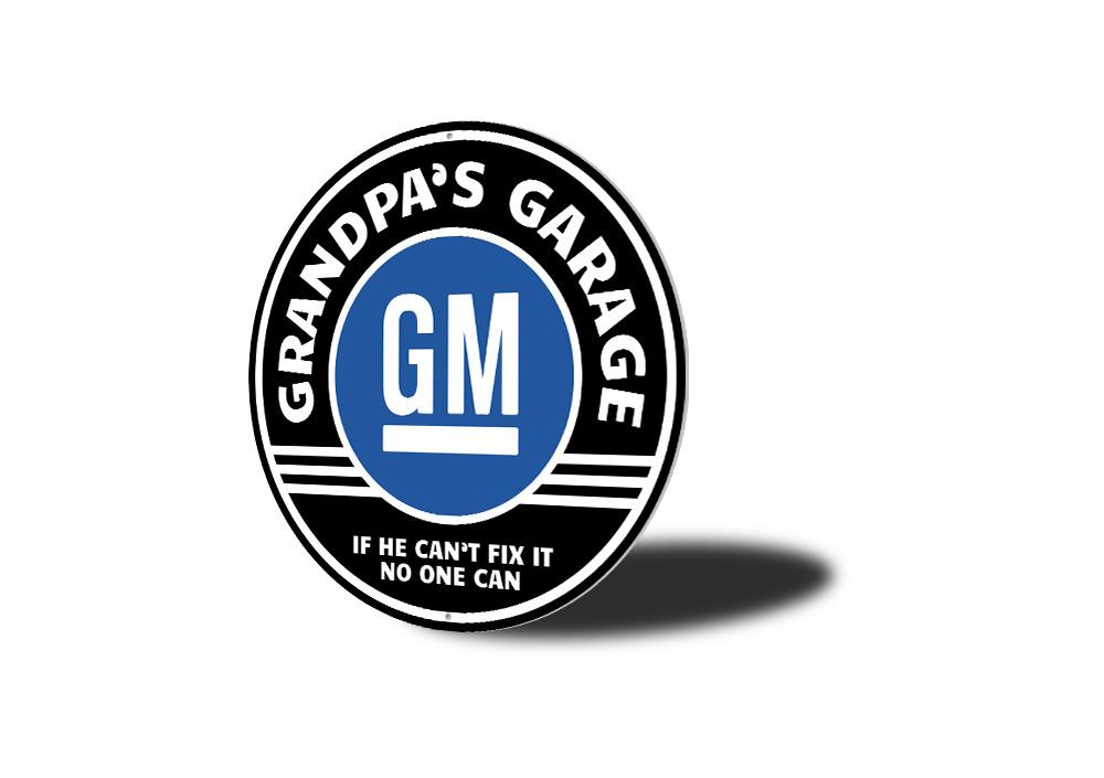 Grandpa's Garage GM Car Sign featuring various car brands like Chevy and Pontiac, made from high-quality aluminum.