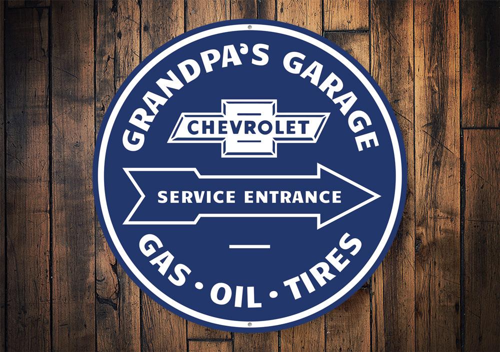 Grandpa's Garage Service Entrance Car Sign made of high-quality aluminum, featuring customizable text and pre-drilled holes for easy mounting.