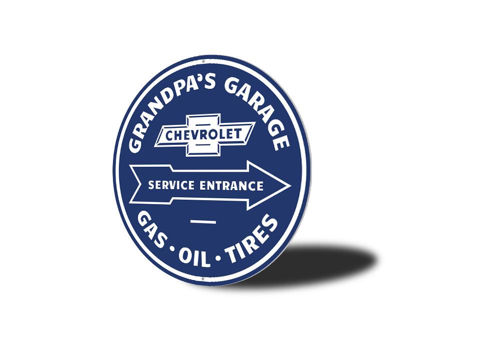 Grandpa's Garage Service Entrance Car Sign made of high-quality aluminum, featuring customizable text and pre-drilled holes for easy mounting.