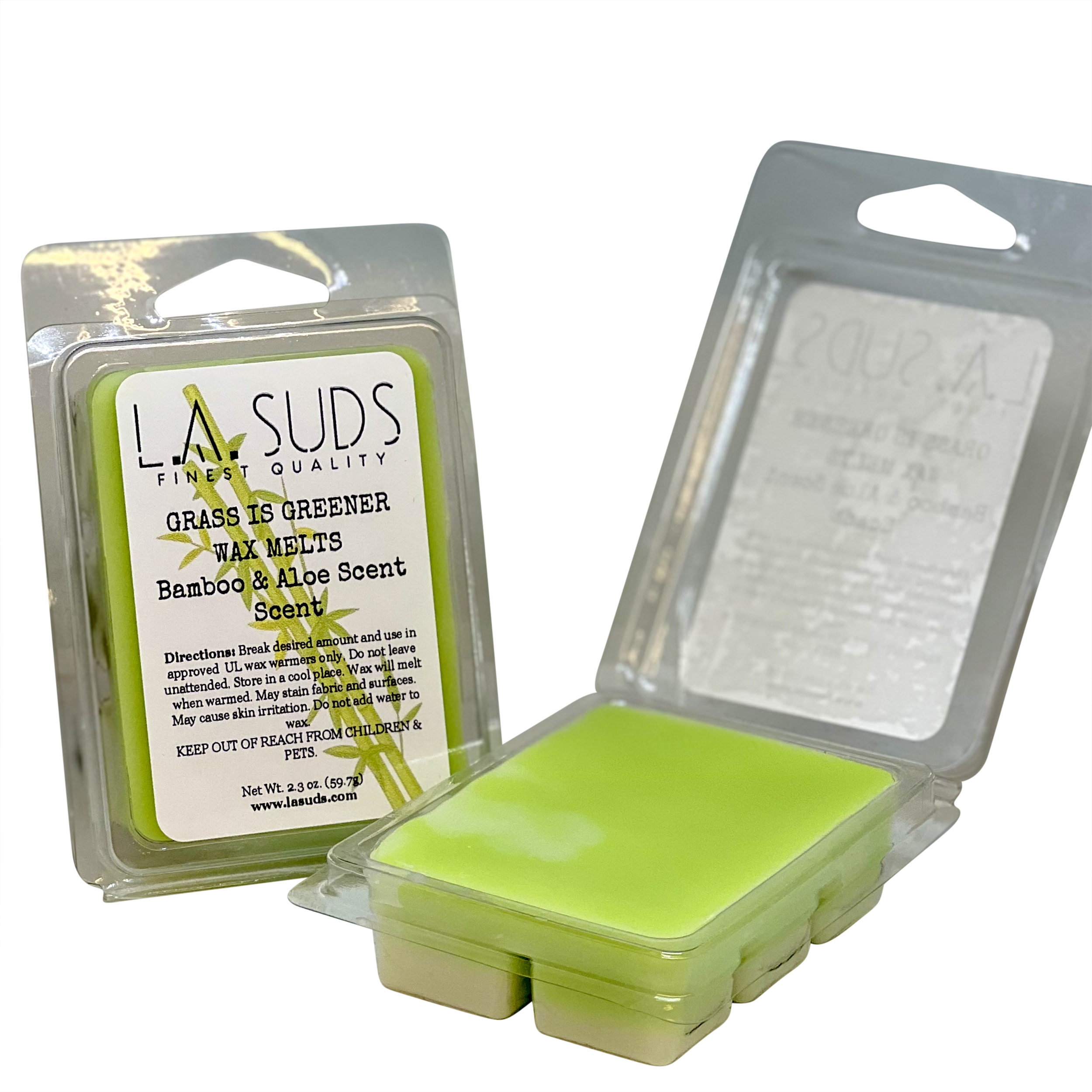 Grass is Greener Summer Wax Melts featuring bamboo and aloe scent, packaged in a 2.3 oz box with six individual melts.