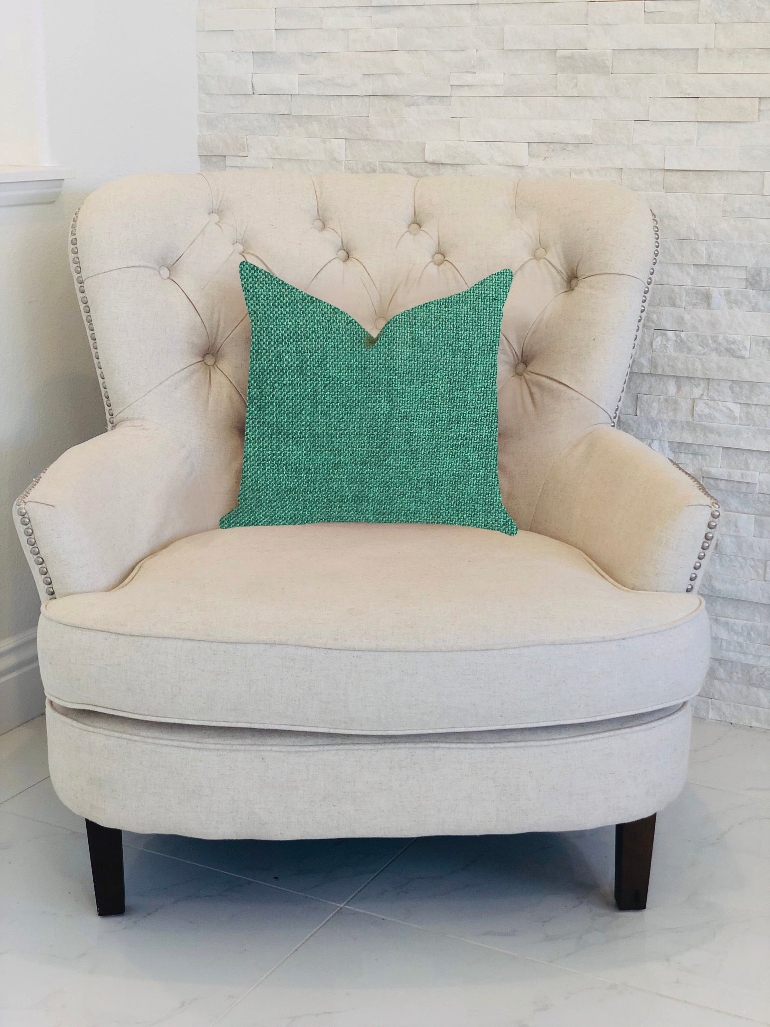 Grass Seed Luxury Throw Pillow in vibrant green, showcasing double-sided design and invisible zipper closure.