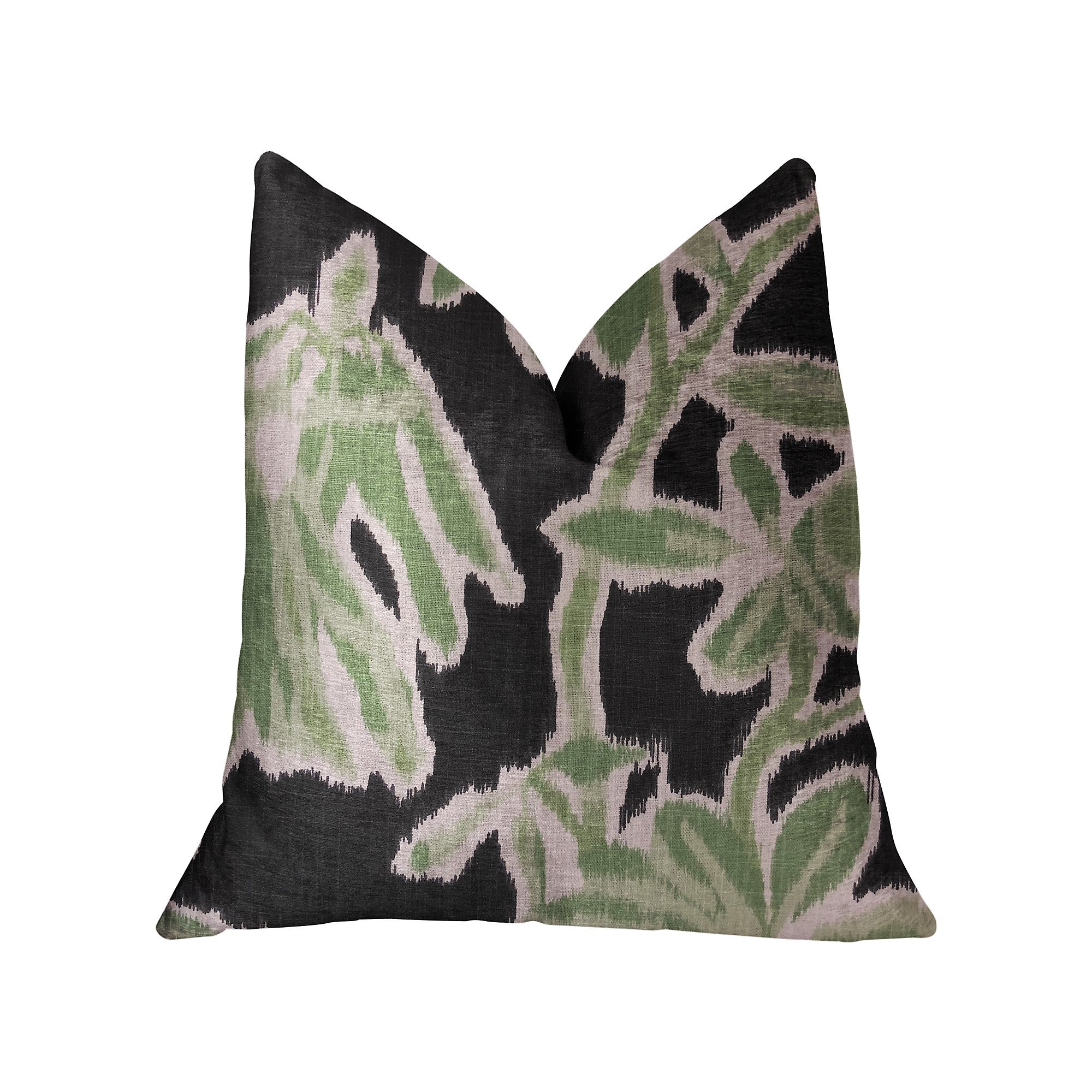 Grass Swallow Green and Black and Beige Luxury Throw Pillow featuring floral design, handmade in the USA with invisible zipper.