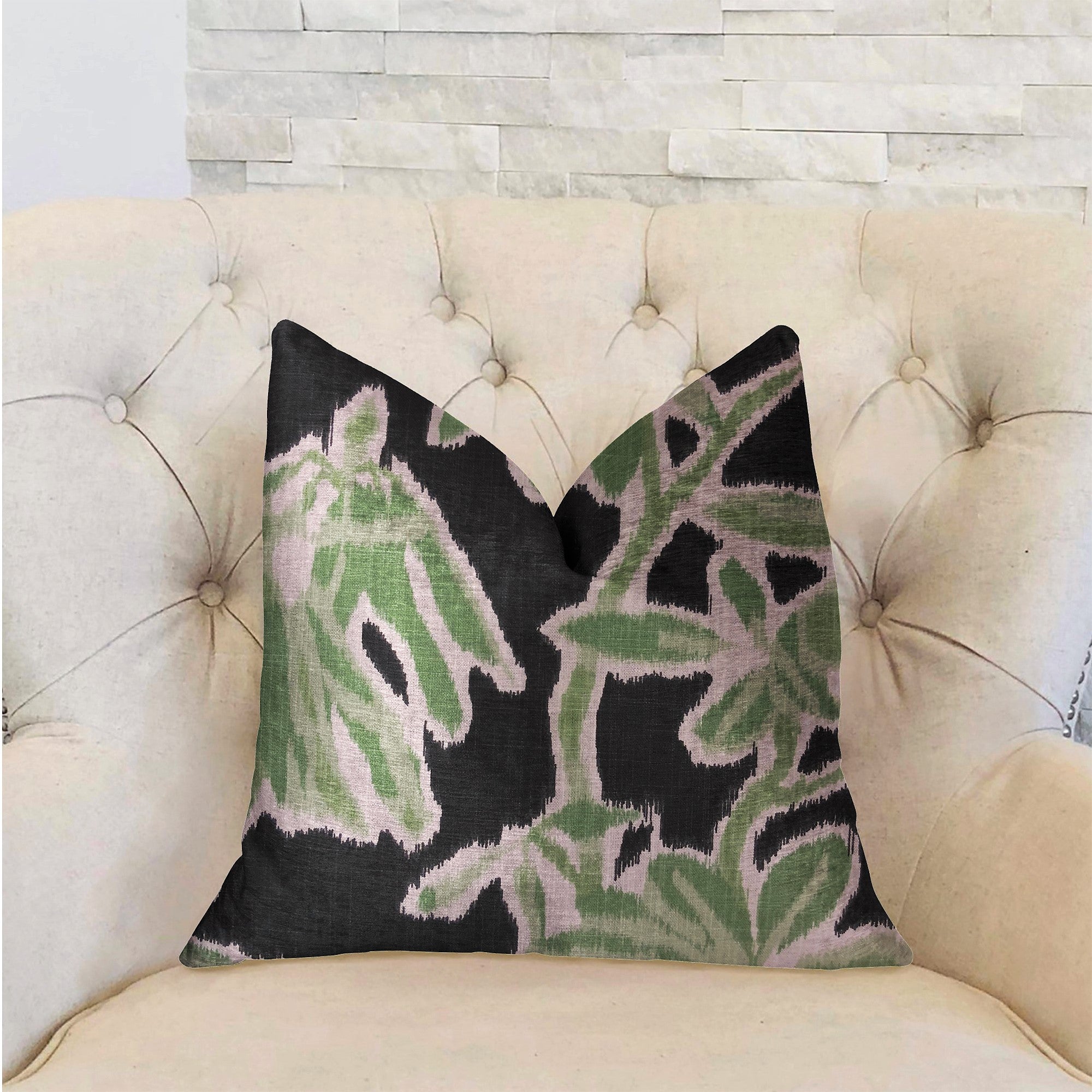 Grass Swallow Green and Black and Beige Luxury Throw Pillow featuring floral design, handmade in the USA with invisible zipper.