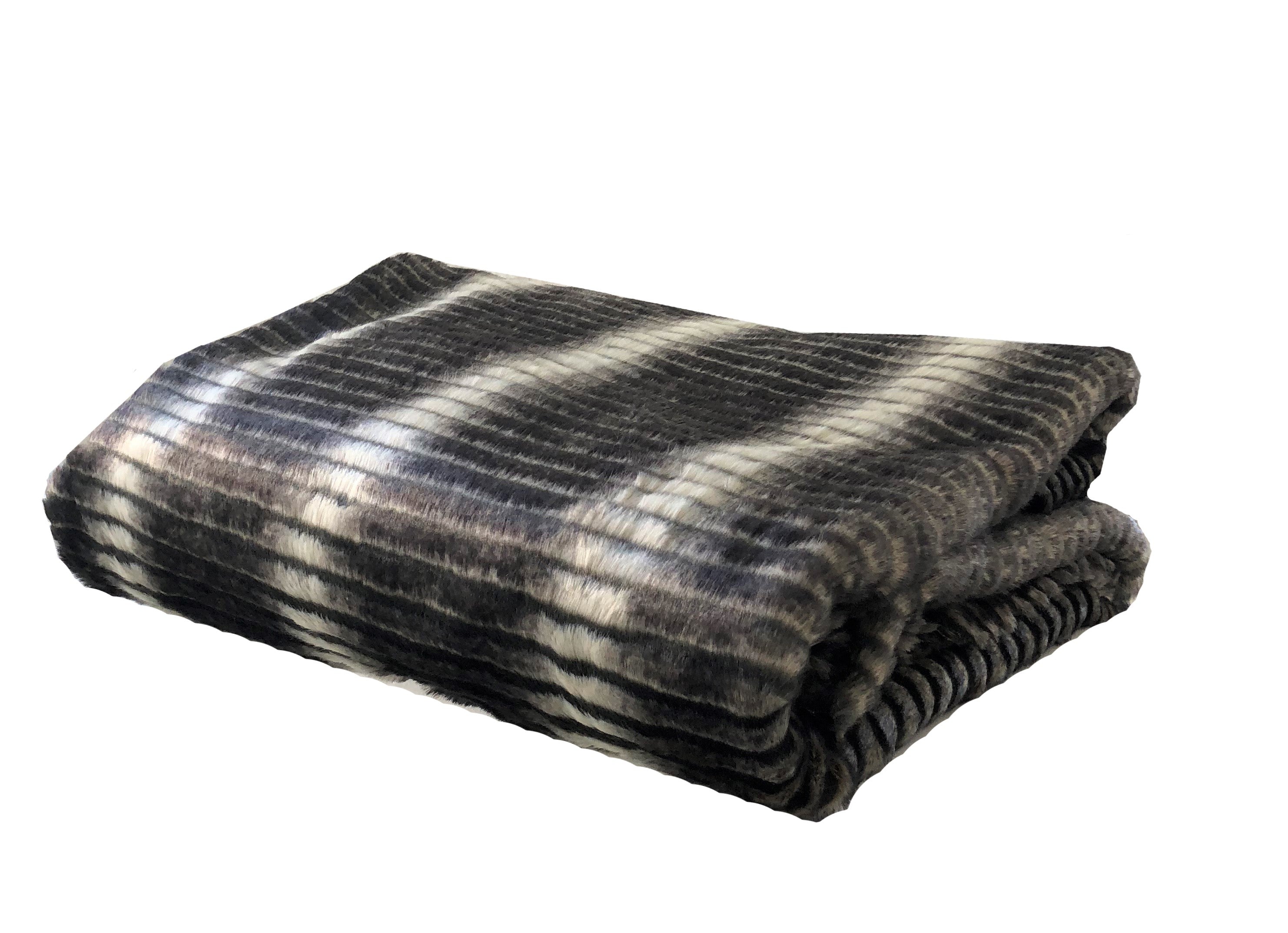 Gray and taupe faux fur luxury throw blanket with plush texture, perfect for cozying up any space.