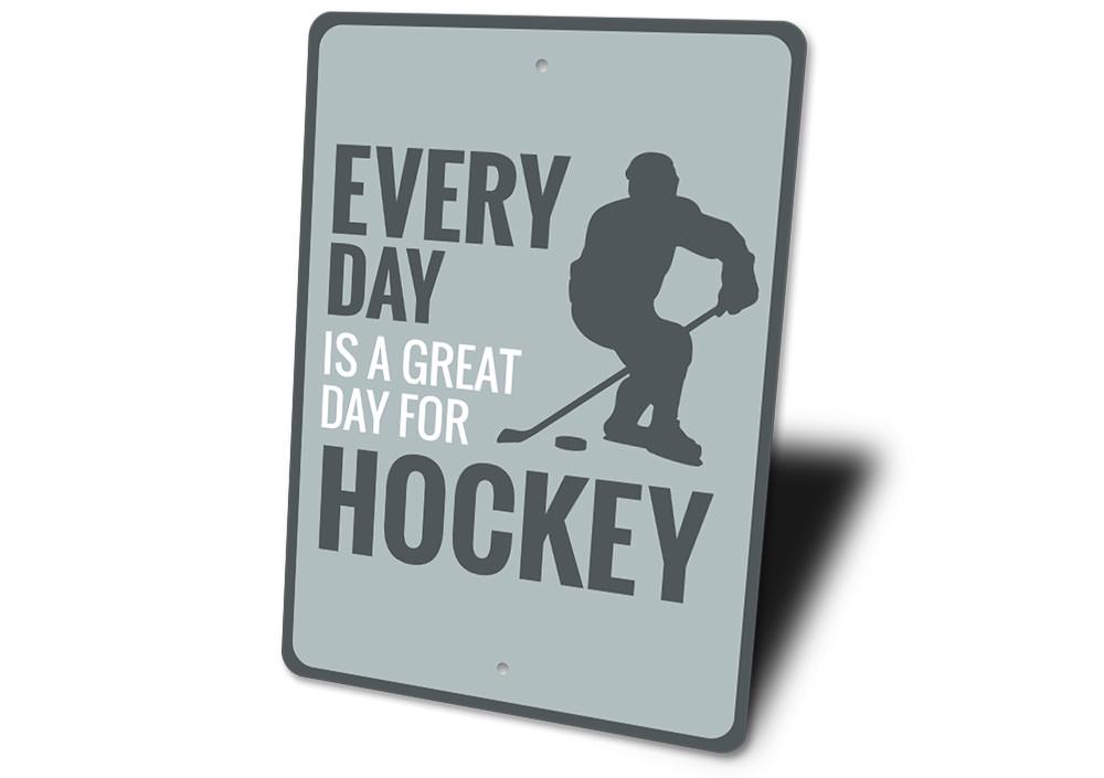 Great Day for Hockey Sign made of high-quality aluminum, featuring vibrant colors and a hockey-themed design, perfect for home decor.