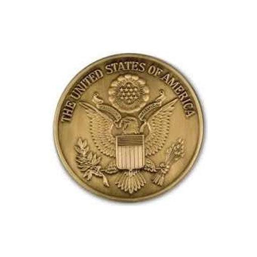 Brass Great Seal Medallion, 2.5 inches in diameter with antique finish, ideal for military displays.