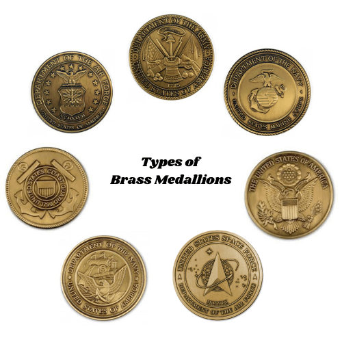 Brass Great Seal Medallion, 2.5 inches in diameter with antique finish, ideal for military displays.