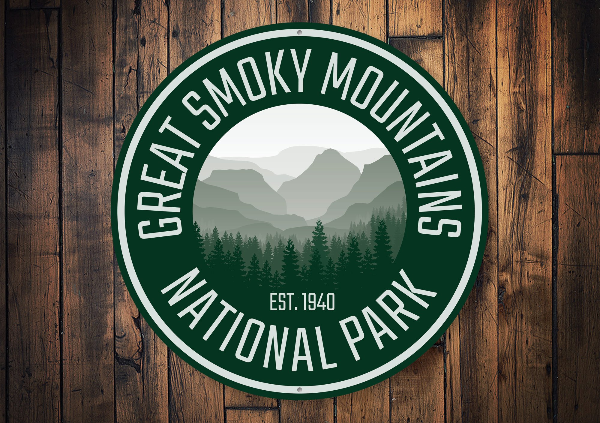 Great Smoky Mountains Park Sign made of high-quality aluminum, featuring customizable text and pre-drilled holes for easy mounting.