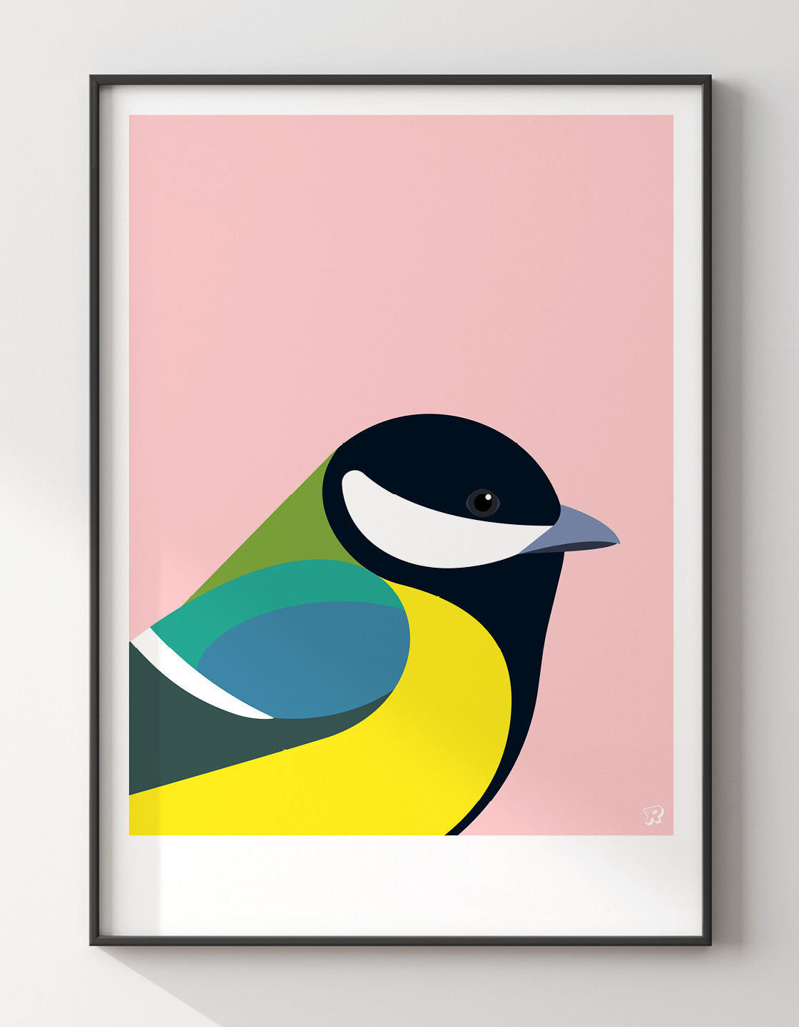 A minimal illustration of a Great Tit, showcasing its vibrant colors and distinctive features in a simplistic design.