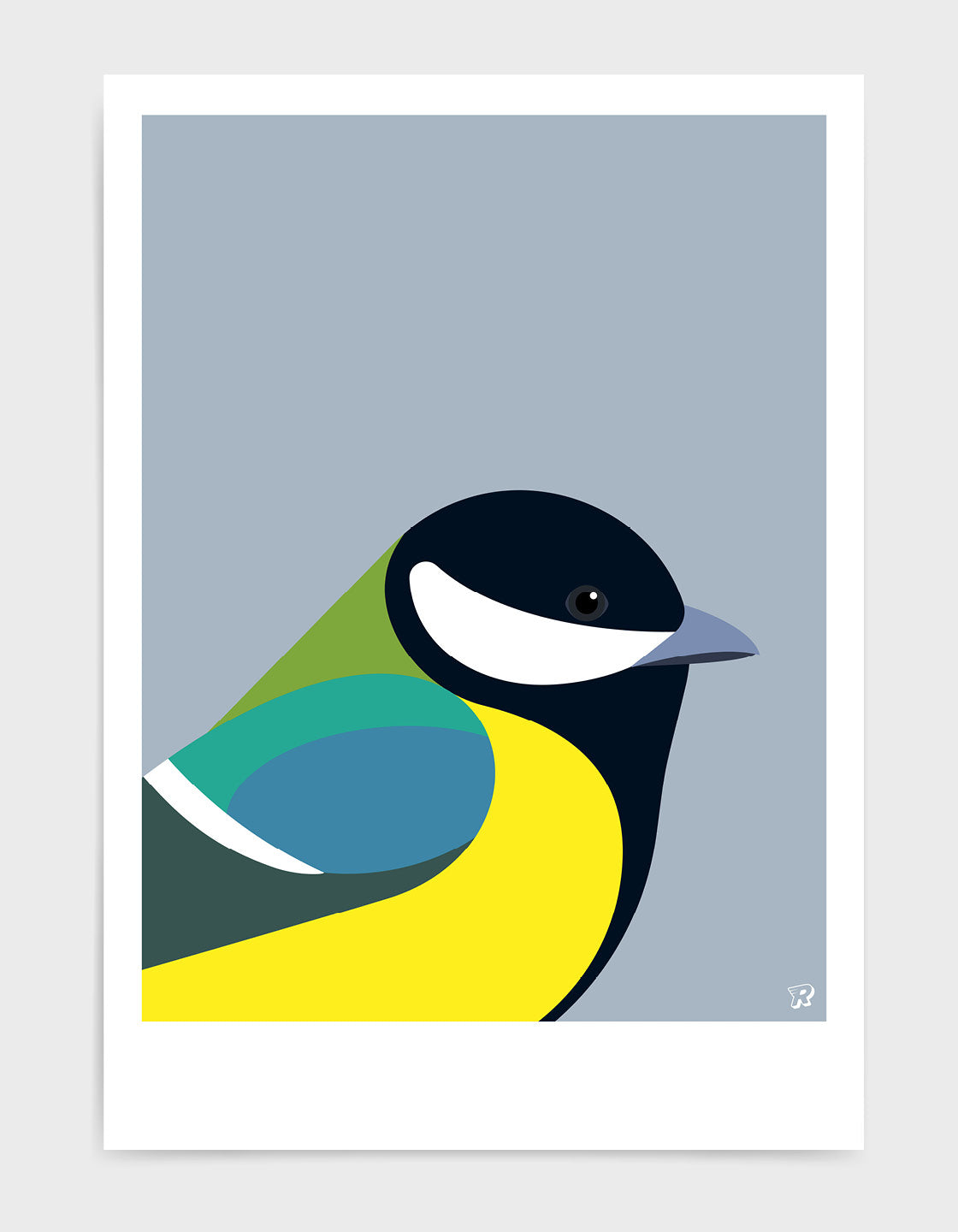 A minimal illustration of a Great Tit, showcasing its vibrant colors and distinctive features in a simplistic design.