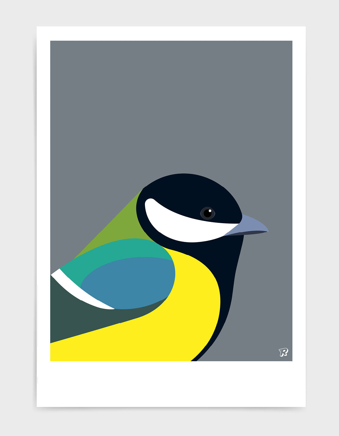 A minimal illustration of a Great Tit, showcasing its vibrant colors and distinctive features in a simplistic design.