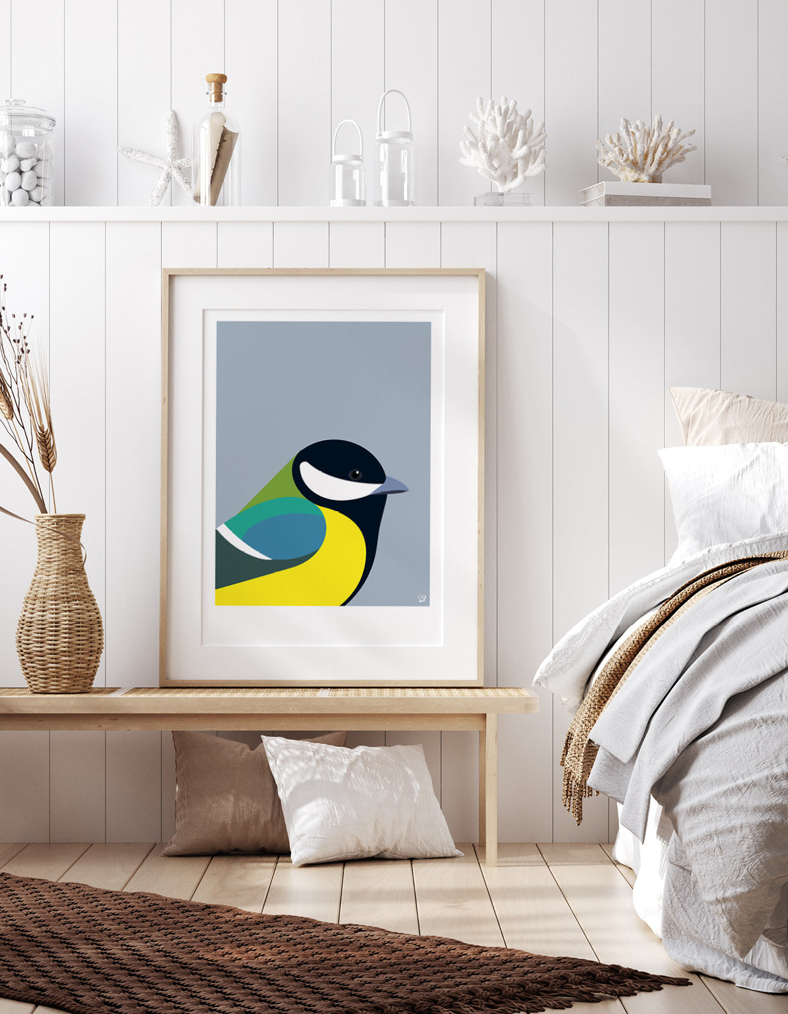 A minimal illustration of a Great Tit, showcasing its vibrant colors and distinctive features in a simplistic design.