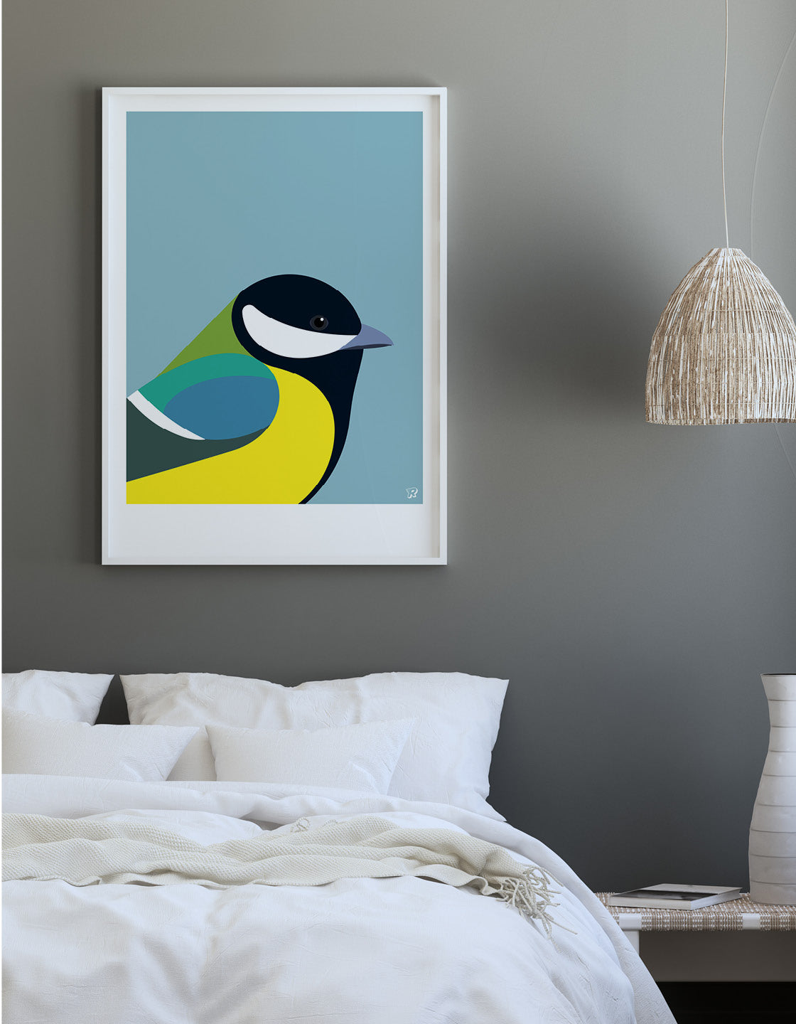 A minimal illustration of a Great Tit, showcasing its vibrant colors and distinctive features in a simplistic design.