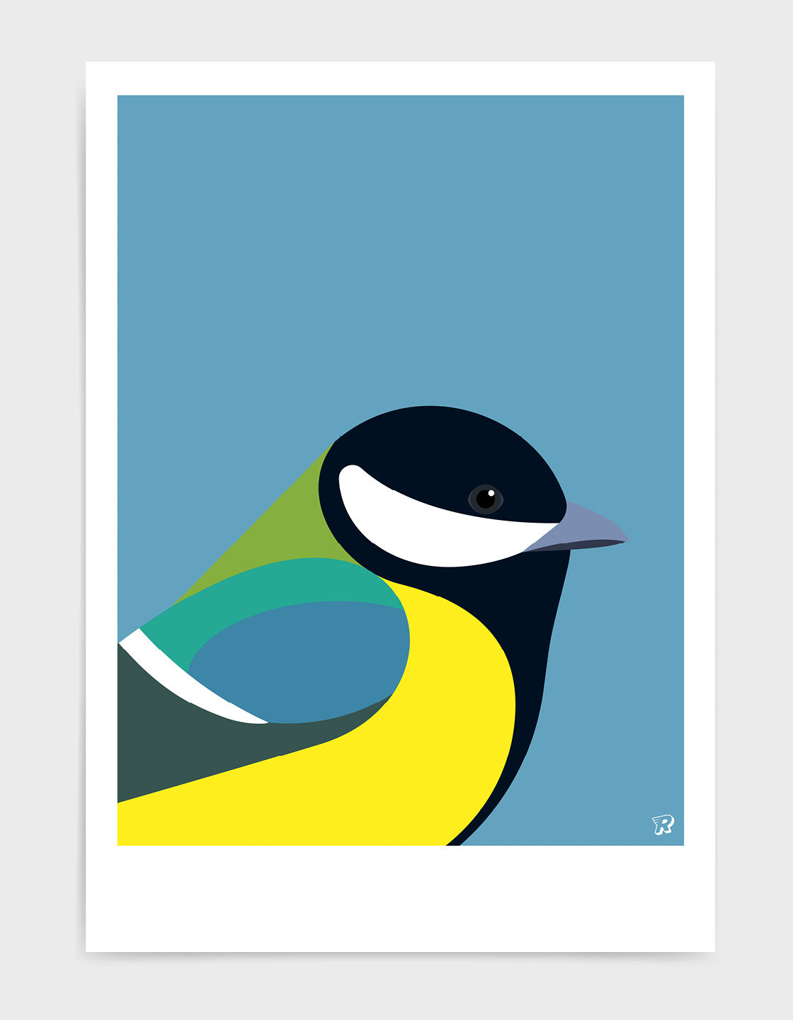 A minimal illustration of a Great Tit, showcasing its vibrant colors and distinctive features in a simplistic design.