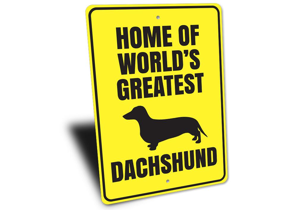 A decorative metal sign featuring a dachshund design, showcasing vibrant colors and high-quality aluminum material, perfect for home decor.