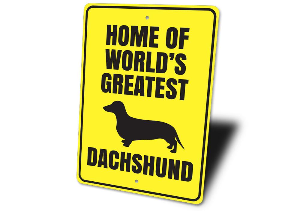 A decorative metal sign featuring a dachshund design, showcasing vibrant colors and high-quality aluminum material, perfect for home decor.