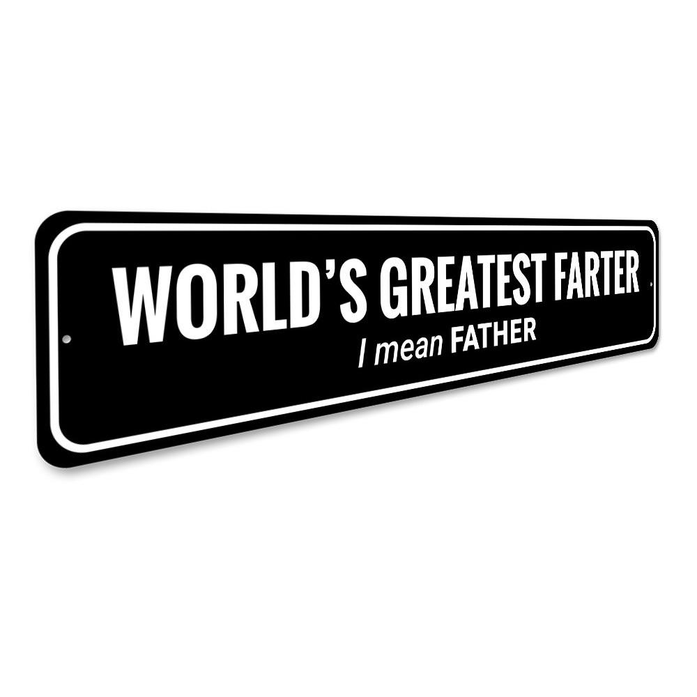 A humorous metal sign reading 'Greatest Farter' designed for home decor, featuring a playful font and vibrant colors.