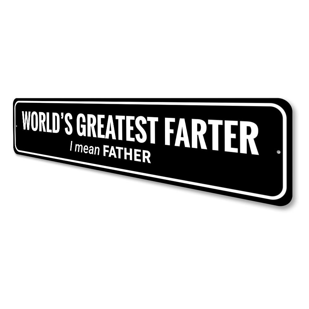 A humorous metal sign reading 'Greatest Farter' designed for home decor, featuring a playful font and vibrant colors.