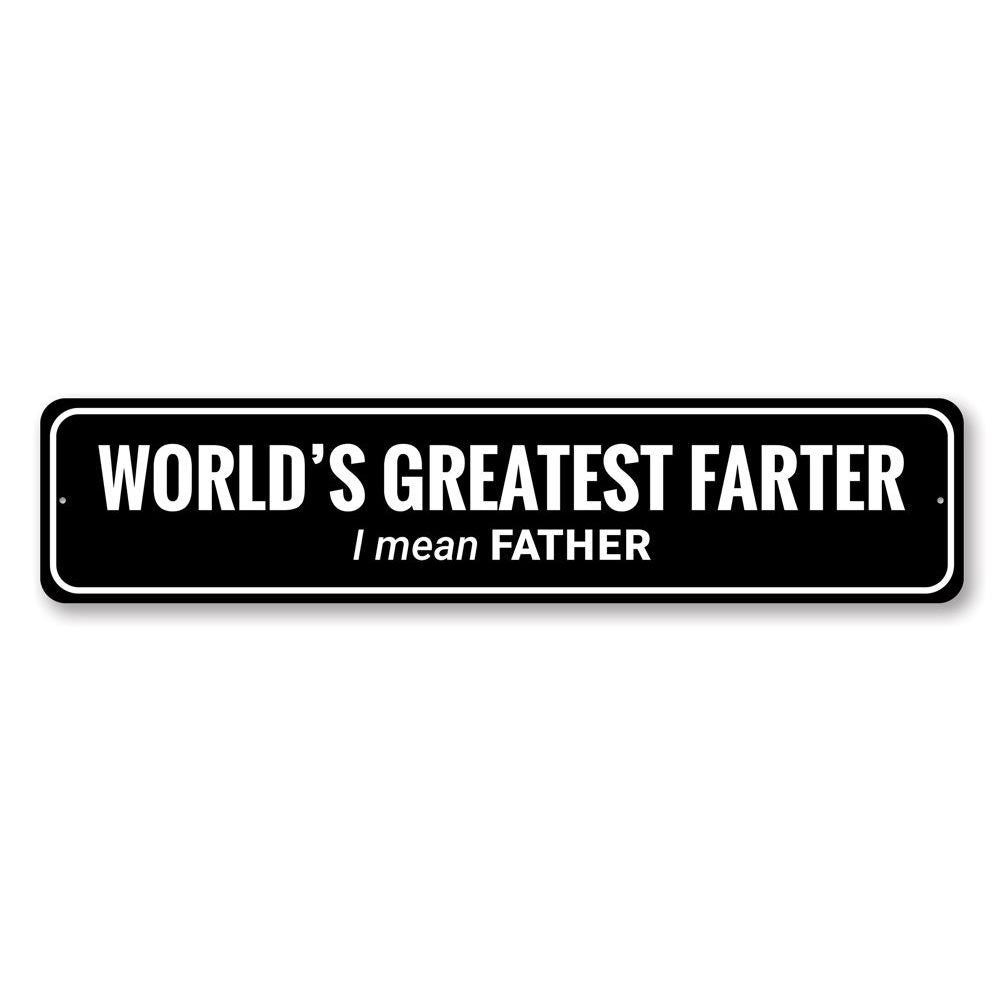 A humorous metal sign reading 'Greatest Farter' designed for home decor, featuring a playful font and vibrant colors.