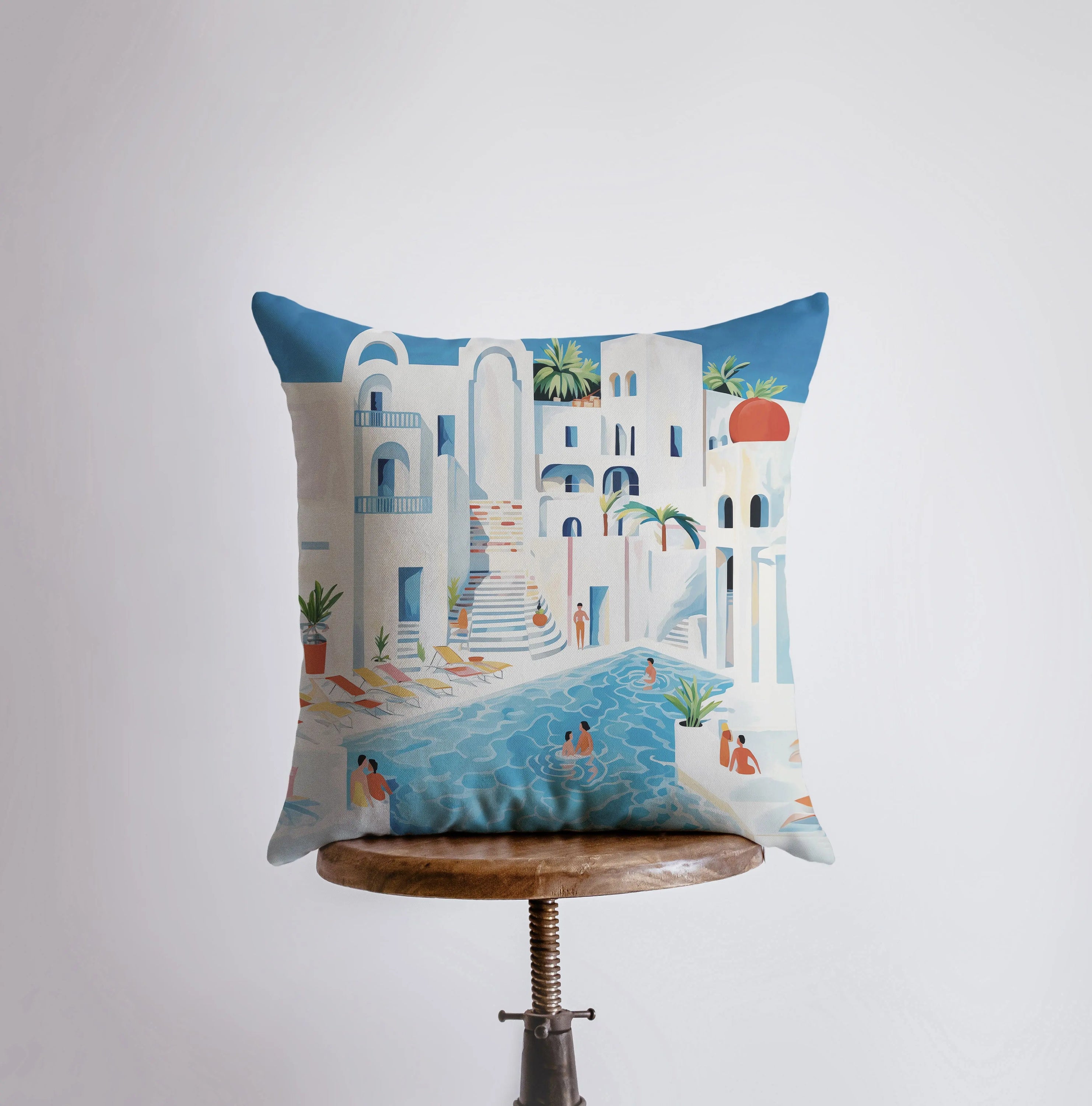 Greek Villa abstract gouache painting throw pillow with concealed zipper, available in multiple sizes and made from a durable cotton/polyester blend.